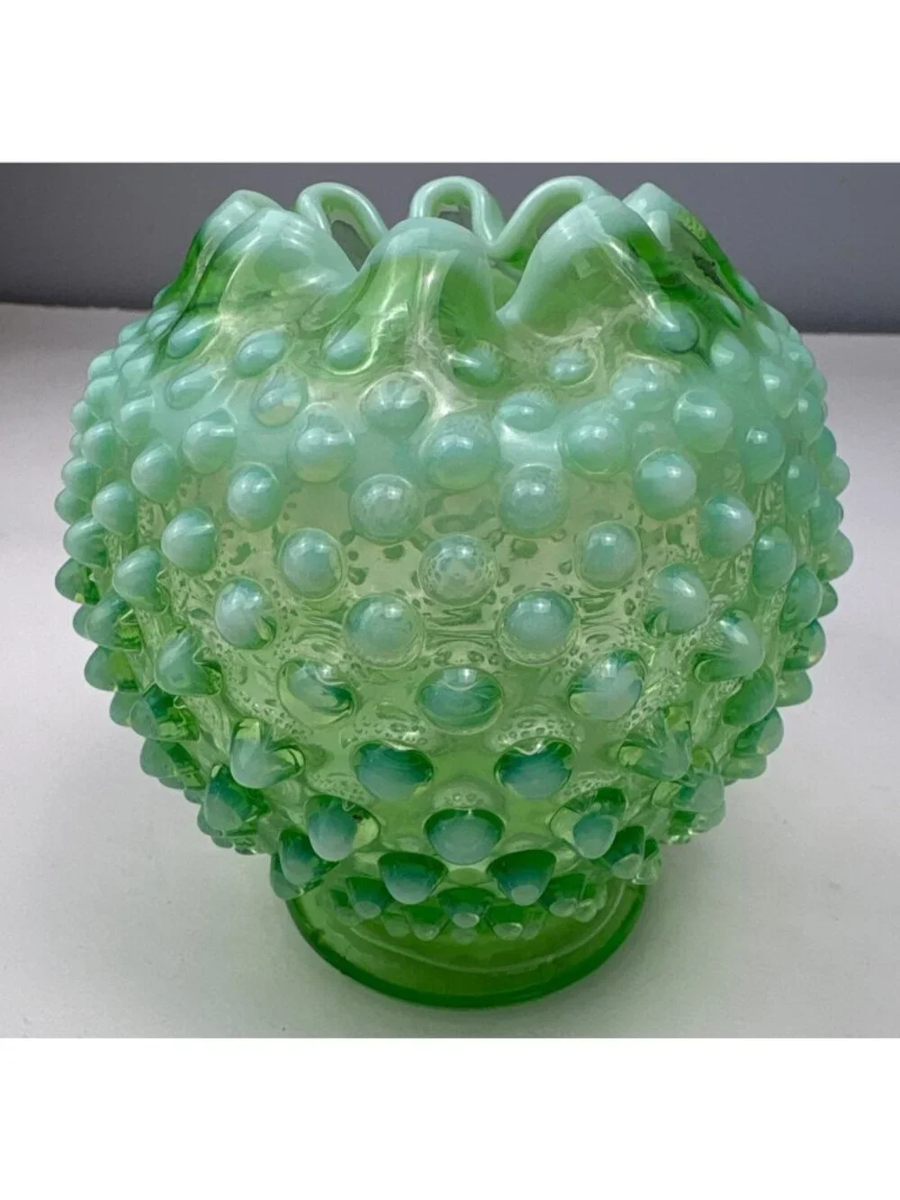 Fenton Green Opalescent Hobnail Vase Ruffled Edge Vintage Elegant Collectible De